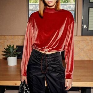Topshop Women's Rusty Red Velour Cropped Sweater